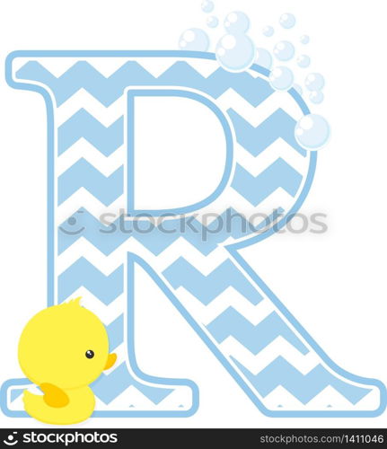 initial r with bubbles and little baby rubber duck isolated on white background. can be used for baby boy birth announcements, nursery decoration, party theme or birthday invitation