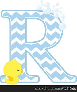 initial r with bubbles and little baby rubber duck isolated on white background. can be used for baby boy birth announcements, nursery decoration, party theme or birthday invitation