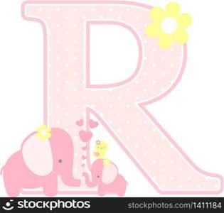 initial r with cute elephant and little baby elephant isolated on white. can be used for mother&rsquo;s day card, baby girl birth announcements, nursery decoration, party theme or birthday invitation
