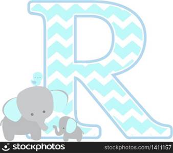 initial r with cute elephant and little baby elephant isolated on white background. can be used for father&rsquo;s day card, baby boy birth announcements, nursery decoration, party theme or birthday invitation