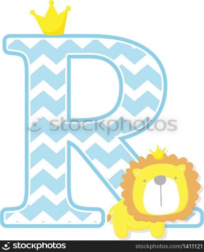 initial r with cute little lion king with golden crown isolated on white background. can be used for father&rsquo;s day card, baby boy birth announcements, nursery decoration, party theme or birthday invitation