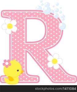 initial r with flowers and cute rubber duck isolated on white. can be used for baby girl birth announcements, nursery decoration, party theme or birthday invitation. Design for baby girl