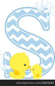 initial s with bubbles and little baby rubber duck isolated on white background. can be used for baby boy birth announcements, nursery decoration, party theme or birthday invitation