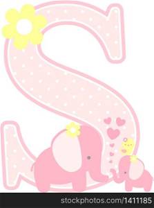 initial s with cute elephant and little baby elephant isolated on white. can be used for mother&rsquo;s day card, baby girl birth announcements, nursery decoration, party theme or birthday invitation