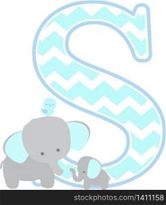 initial s with cute elephant and little baby elephant isolated on white background. can be used for father&rsquo;s day card, baby boy birth announcements, nursery decoration, party theme or birthday invitation
