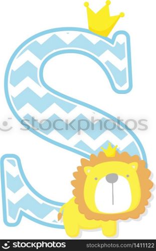 initial s with cute little lion king with golden crown isolated on white background. can be used for father&rsquo;s day card, baby boy birth announcements, nursery decoration, party theme or birthday invitation