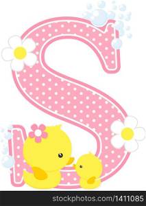 initial s with flowers and cute baby duck and mom isolated on white. can be used for baby girl birth announcements, nursery decoration, mother&rsquo;s day card,party theme or birthday invitation. Design for baby girl