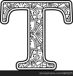 initial t in black and white with doodle ornaments and design elements from mandala art style for coloring. Isolated on white background