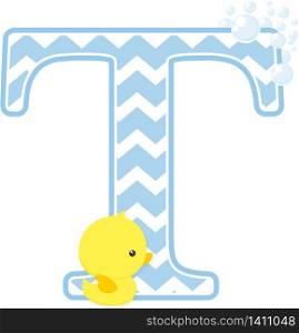 initial t with bubbles and little baby rubber duck isolated on white background. can be used for baby boy birth announcements, nursery decoration, party theme or birthday invitation