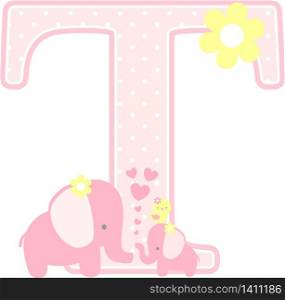 initial t with cute elephant and little baby elephant isolated on white. can be used for mother&rsquo;s day card, baby girl birth announcements, nursery decoration, party theme or birthday invitation