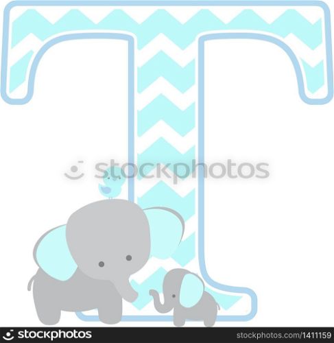 initial t with cute elephant and little baby elephant isolated on white background. can be used for father&rsquo;s day card, baby boy birth announcements, nursery decoration, party theme or birthday invitation
