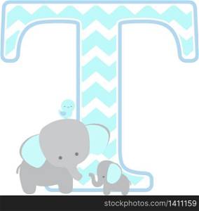 initial t with cute elephant and little baby elephant isolated on white background. can be used for father&rsquo;s day card, baby boy birth announcements, nursery decoration, party theme or birthday invitation