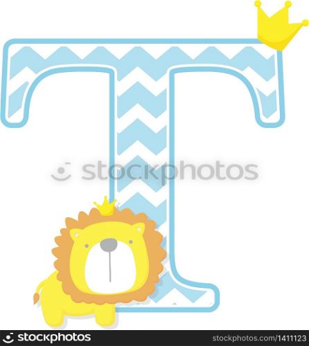 initial t with cute little lion king with golden crown isolated on white background. can be used for father&rsquo;s day card, baby boy birth announcements, nursery decoration, party theme or birthday invitation