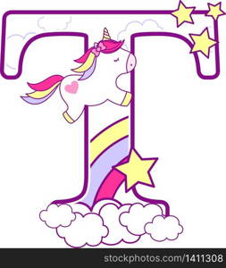 initial t with cute unicorn and rainbow. can be used for baby birth announcements, nursery decoration, party theme or birthday invitation. Design for baby and children