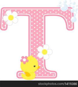initial t with flowers and cute rubber duck isolated on white. can be used for baby girl birth announcements, nursery decoration, party theme or birthday invitation. Design for baby girl