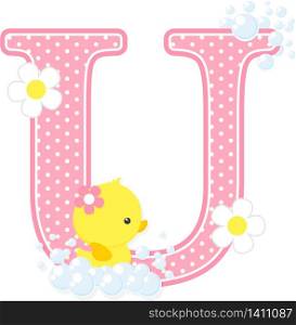 initial u with bubbles and cute rubber duck isolated on white. can be used for baby girl birth announcements, nursery decoration, party theme or birthday invitation. Design for baby girl