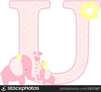 initial u with cute elephant and little baby elephant isolated on white. can be used for mother&rsquo;s day card, baby girl birth announcements, nursery decoration, party theme or birthday invitation