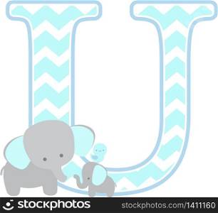 initial u with cute elephant and little baby elephant isolated on white background. can be used for father&rsquo;s day card, baby boy birth announcements, nursery decoration, party theme or birthday invitation