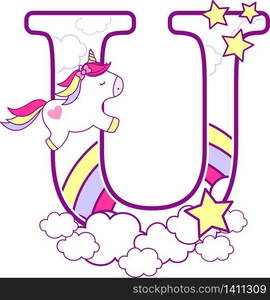 initial u with cute unicorn and rainbow. can be used for baby birth announcements, nursery decoration, party theme or birthday invitation. Design for baby and children