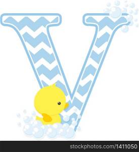 initial v with bubbles and little baby rubber duck isolated on white background. can be used for baby boy birth announcements, nursery decoration, party theme or birthday invitation