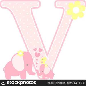 initial v with cute elephant and little baby elephant isolated on white. can be used for mother&rsquo;s day card, baby girl birth announcements, nursery decoration, party theme or birthday invitation
