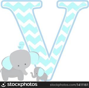 initial v with cute elephant and little baby elephant isolated on white background. can be used for father&rsquo;s day card, baby boy birth announcements, nursery decoration, party theme or birthday invitation