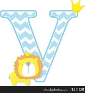 initial v with cute little lion king with golden crown isolated on white background. can be used for father&rsquo;s day card, baby boy birth announcements, nursery decoration, party theme or birthday invitation