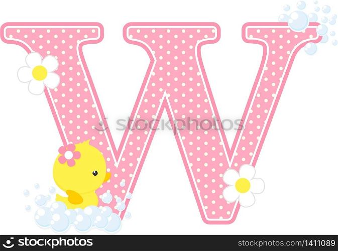 initial w with bubbles and cute rubber duck isolated on white. can be used for baby girl birth announcements, nursery decoration, party theme or birthday invitation. Design for baby girl