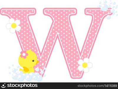 initial w with bubbles and cute rubber duck isolated on white. can be used for baby girl birth announcements, nursery decoration, party theme or birthday invitation. Design for baby girl