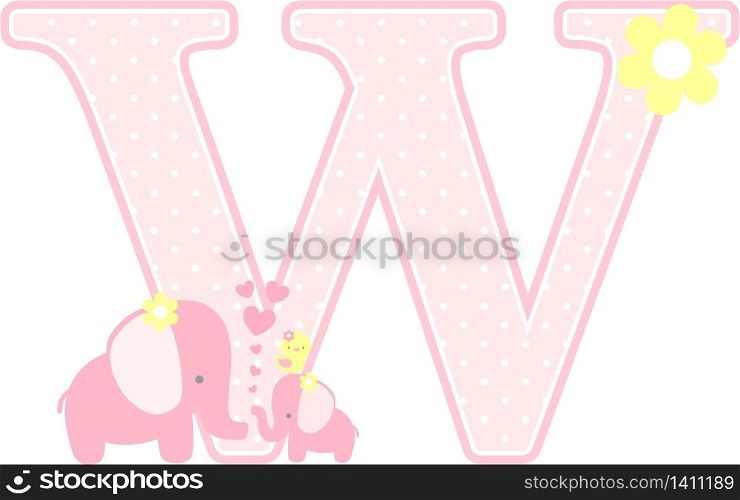 initial w with cute elephant and little baby elephant isolated on white. can be used for mother&rsquo;s day card, baby girl birth announcements, nursery decoration, party theme or birthday invitation