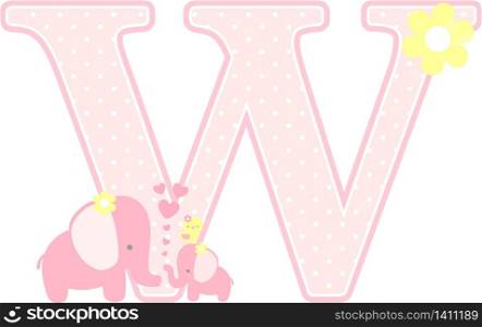initial w with cute elephant and little baby elephant isolated on white. can be used for mother&rsquo;s day card, baby girl birth announcements, nursery decoration, party theme or birthday invitation