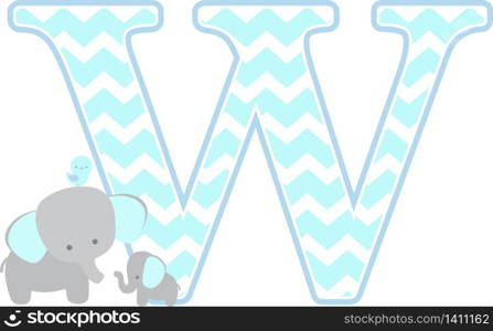 initial w with cute elephant and little baby elephant isolated on white background. can be used for father&rsquo;s day card, baby boy birth announcements, nursery decoration, party theme or birthday invitation