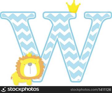 initial w with cute little lion king with golden crown isolated on white background. can be used for father&rsquo;s day card, baby boy birth announcements, nursery decoration, party theme or birthday invitation