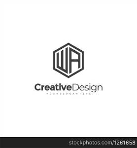 Initial WA letter WA, minimalist line art hexagon logo, Black color minimalist line art hexagon shape logo