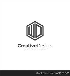 Initial WD letter WD, minimalist line art hexagon logo, Black color minimalist line art Polygon logo
