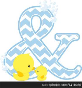 initial & with bubbles and little baby rubber duck isolated on white background. can be used for baby boy birth announcements, father&rsquo;s day card, nursery decoration, party theme or birthday invitation