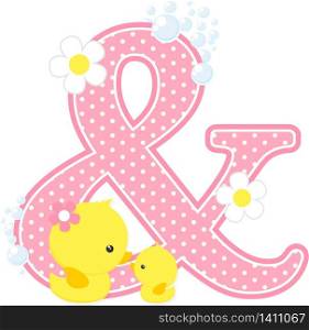 initial & with flowers and cute baby duck and mom isolated on white. can be used for baby girl birth announcements, nursery decoration, mother&rsquo;s day card,party theme or birthday invitation. Design for baby girl