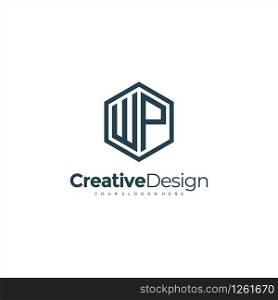 Initial WP letter WP, minimalist line art hexagon logo, Black color minimalist line art Polygon logo
