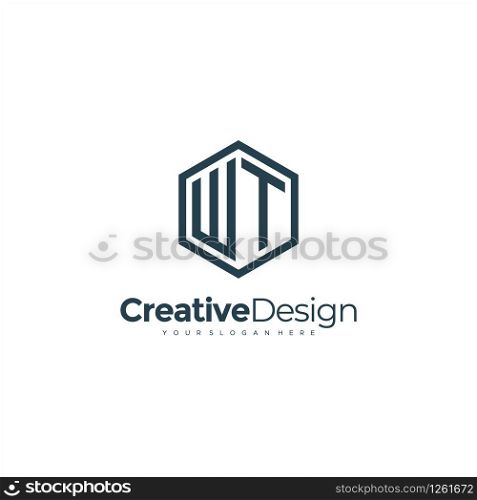 Initial WT letter WT, minimalist line art hexagon logo, Black color minimalist line art Polygon logo