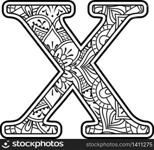 initial x in black and white with doodle ornaments and design elements from mandala art style for coloring. Isolated on white background