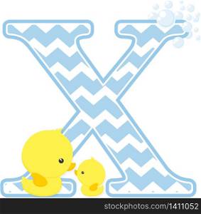 initial x with bubbles and little baby rubber duck isolated on white background. can be used for baby boy birth announcements, nursery decoration, party theme or birthday invitation
