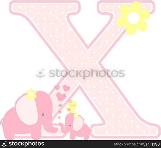 initial x with cute elephant and little baby elephant isolated on white. can be used for mother&rsquo;s day card, baby girl birth announcements, nursery decoration, party theme or birthday invitation