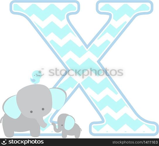 initial x with cute elephant and little baby elephant isolated on white background. can be used for father&rsquo;s day card, baby boy birth announcements, nursery decoration, party theme or birthday invitation