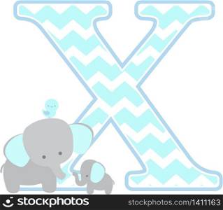 initial x with cute elephant and little baby elephant isolated on white background. can be used for father&rsquo;s day card, baby boy birth announcements, nursery decoration, party theme or birthday invitation