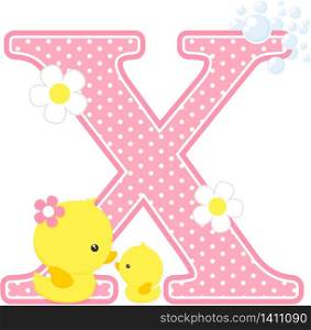 initial x with flowers and cute baby duck and mom isolated on white. can be used for baby girl birth announcements, nursery decoration, mother&rsquo;s day card,party theme or birthday invitation. Design for baby girl