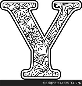 initial y in black and white with doodle ornaments and design elements from mandala art style for coloring. Isolated on white background