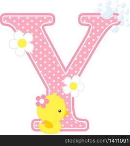 initial y with bubbles and cute rubber duck isolated on white. can be used for baby girl birth announcements, nursery decoration, party theme or birthday invitation. Design for baby girl