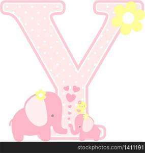 initial y with cute elephant and little baby elephant isolated on white. can be used for mother&rsquo;s day card, baby girl birth announcements, nursery decoration, party theme or birthday invitation