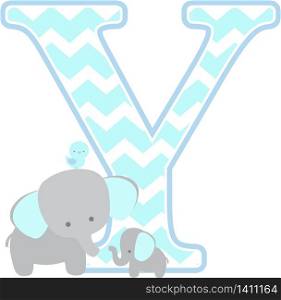 initial y with cute elephant and little baby elephant isolated on white background. can be used for father&rsquo;s day card, baby boy birth announcements, nursery decoration, party theme or birthday invitation