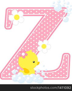 initial z with bubbles and cute rubber duck isolated on white. can be used for baby girl birth announcements, nursery decoration, party theme or birthday invitation. Design for baby girl